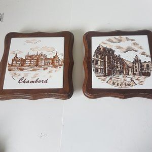 Vintage Wood Trivet Hot Plate Tile Chamborn and Blois France Lot of 2 -- 135